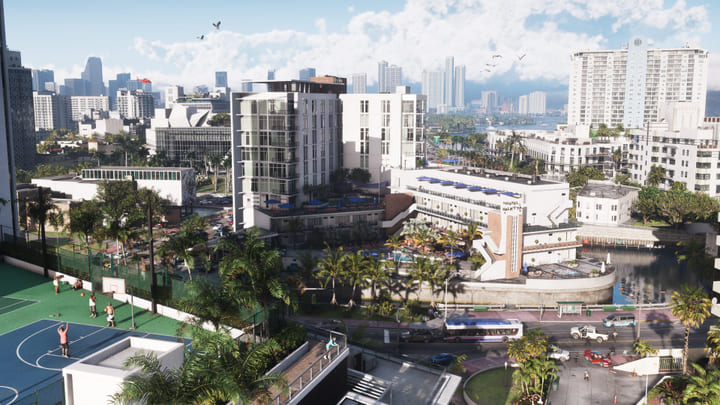 Vue aérienne de Vice City en plein jour: immeubles, terrain de basket, circulation