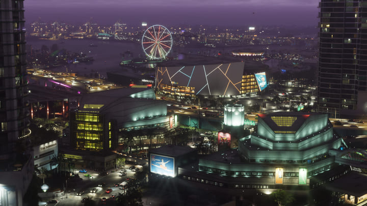 Vice City de nuit vue d'en haut, grande roue et enseignes lumineuses