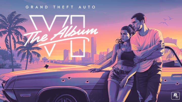 Visuel officiel de Grand Theft Auto VI: The Album, Jason et Lucia adossés à une voiture au coucher du soleil