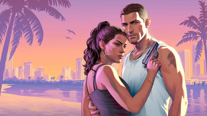 Artwork officiel de Jason et Lucia enlacés sur une plage de Vice City au coucher du soleil
