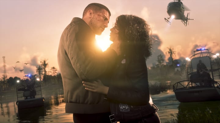 Jason et Lucia dans les marais au coucher du soleil, entourés d'hydroglisseurs