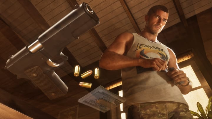 Jason vu d'en dessous, un pistolet et des munitions au premier plan