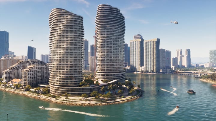 Tours résidentielles de Vice City au bord de l'eau, embarcations sur la baie