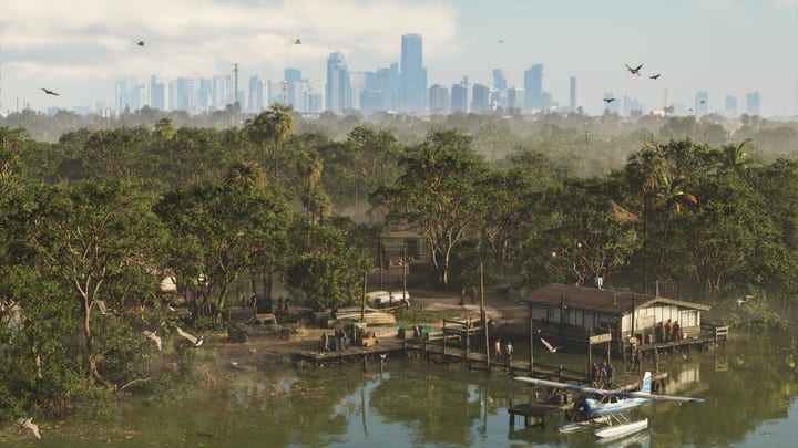 Les marais de Grassrivers survolés par des oiseaux, Vice City à l'horizon
