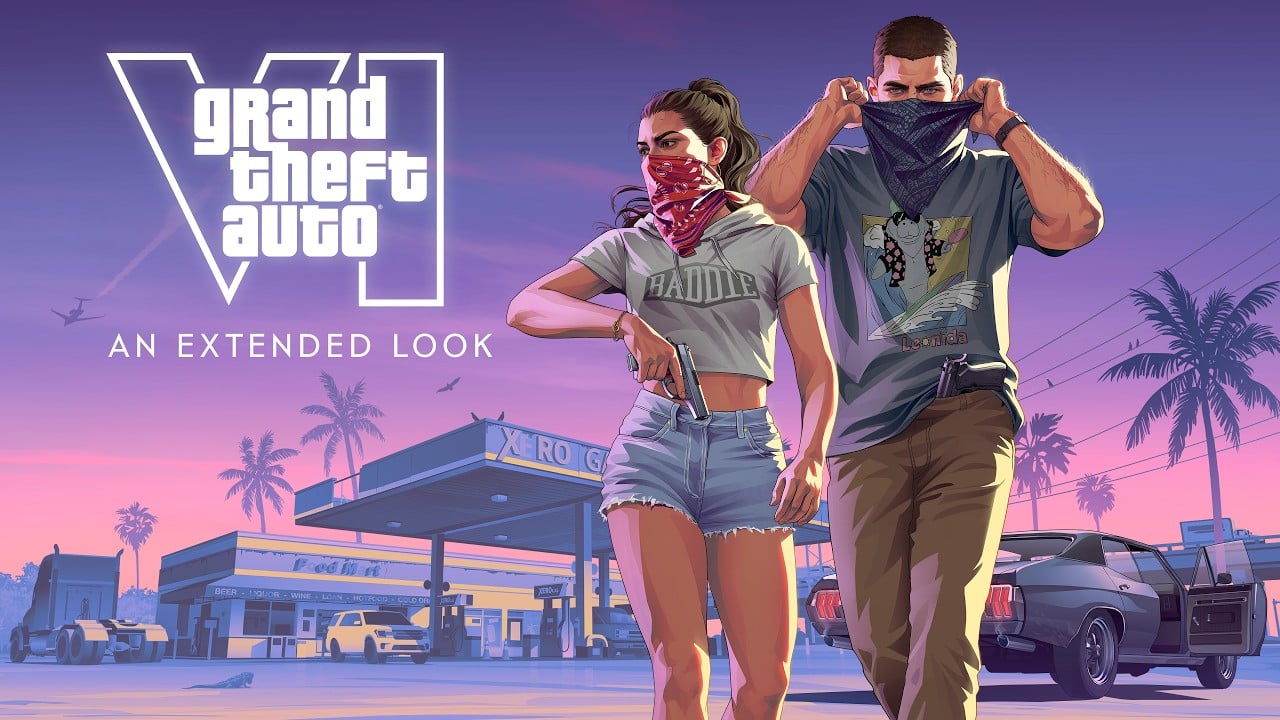 Jason et Lucia devant une station-service de Leonida, visuel officiel de la présentation Grand Theft Auto VI: An Extended Look