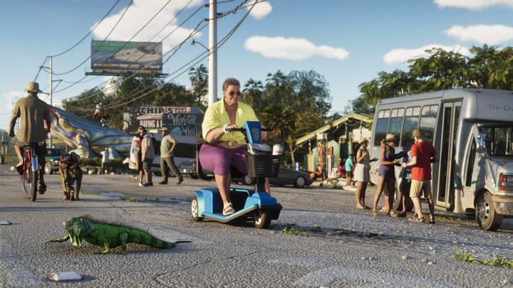 Scène de rue dans les Leonida Keys, un iguane traversant la chaussée