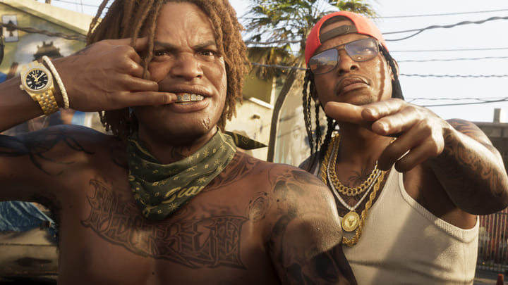 Deux personnages de Vice City, tatouages, chaînes et lunettes de soleil
