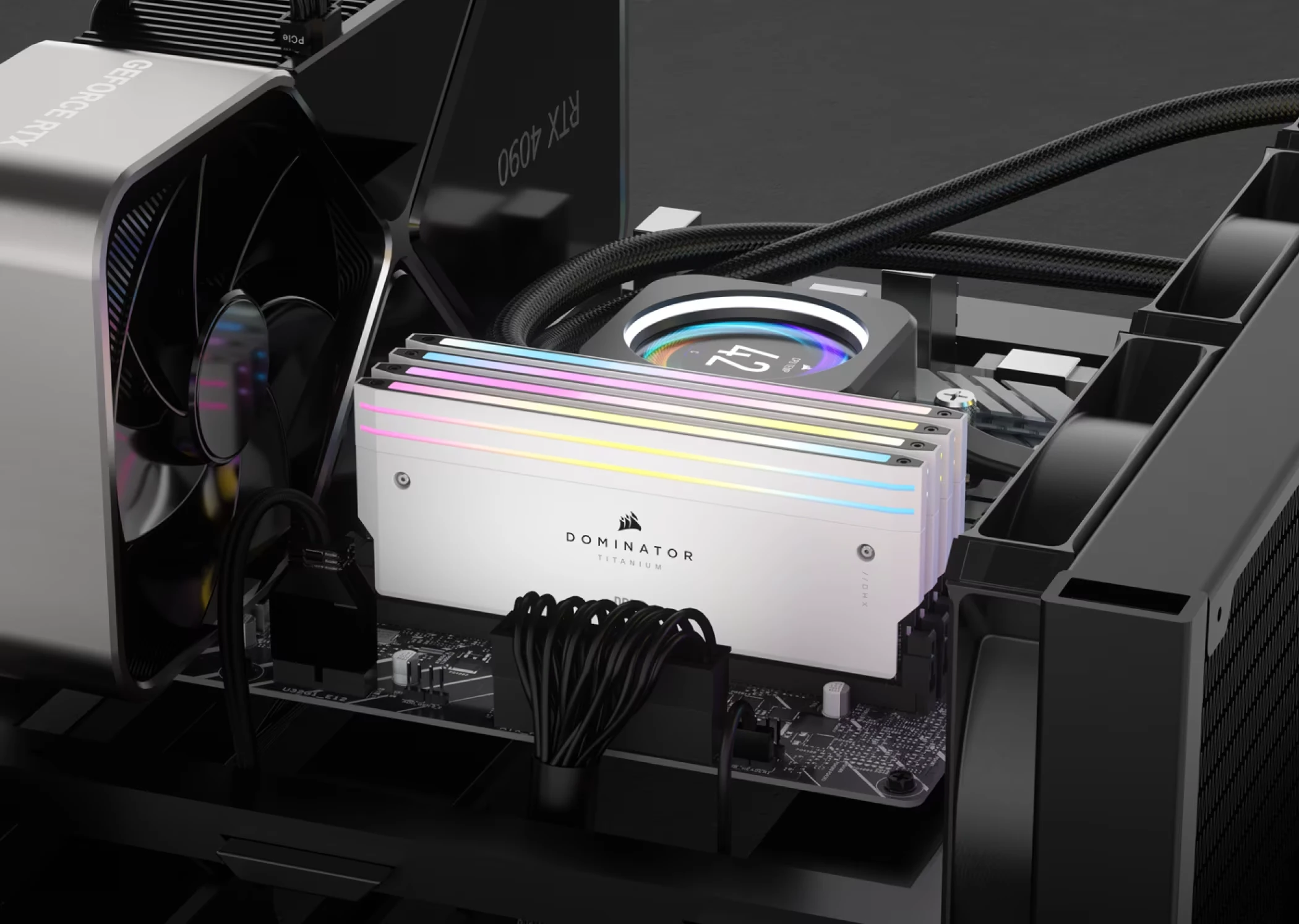 Mémoire RAM DDR5 Corsair Dominator Titanium RGB installée dans un PC gaming