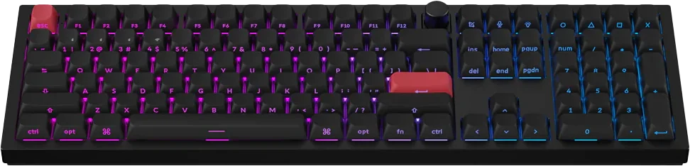 Clavier mécanique Keychron avec rétroéclairage RGB violet et bleu allumé
