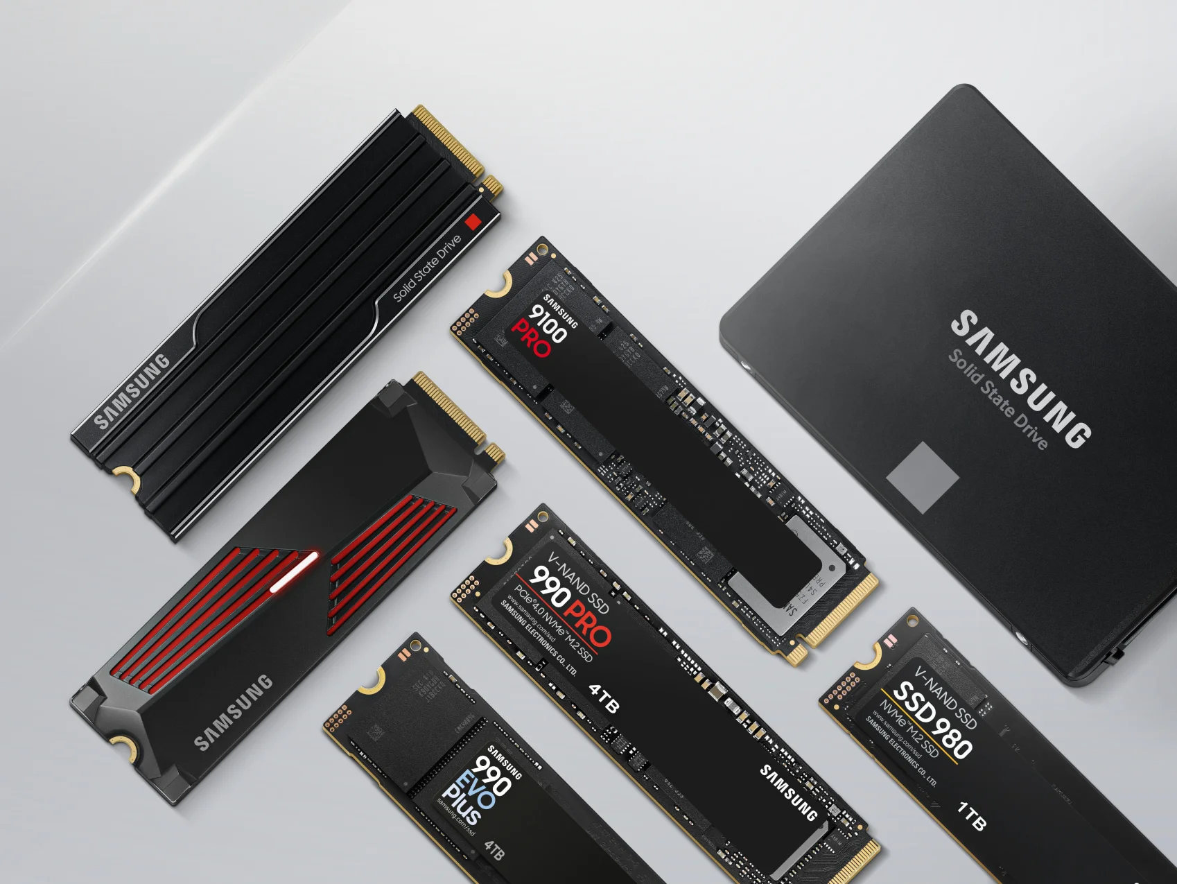 SSD internes Samsung en différents formats, NVMe M.2 et 2,5 pouces SATA