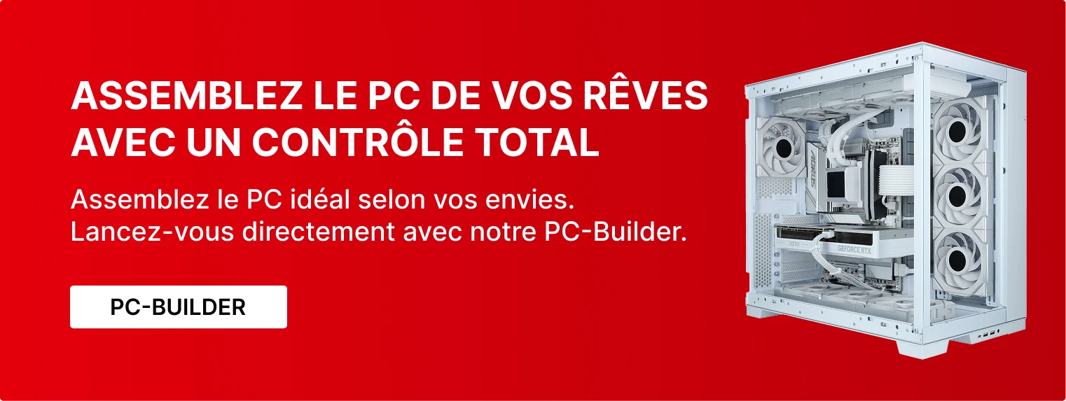 Bannière noire avec trois PC gaming haut de gamme ouverts avec cartes graphiques et watercooling visibles, avec le texte 'Construire soi-même? Ou faire construire? – Plus d'infos