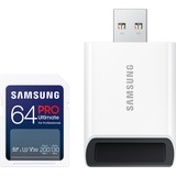 Samsung PRO Ultimate 64 Go SDXC, Carte mémoire Blanc/Bleu, UHS-I U3, Classe 3, V30, lecteur de carte inclus