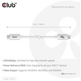 Club 3D USB-C 80Gbps Certified 240W 8k 240Hz, Câble Blanc, 1.2m
