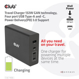 Club 3D Chargeur de voyage 132W GAN Noir, USB-A, USB-C, Power Delivery (PD) 3.0