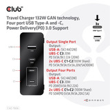 Club 3D Chargeur de voyage 132W GAN Noir, USB-A, USB-C, Power Delivery (PD) 3.0