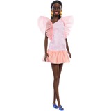 Mattel Barbie Fashionistas - Poupée avec jupe imprimé pêche-blanc, talons bleus et queue de cheval 