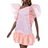 Mattel Barbie Fashionistas - Poupée avec jupe imprimé pêche-blanc, talons bleus et queue de cheval 