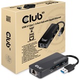 Club 3D USB 3.0 3-Port Hub + Gigabit Ethernet, Hub USB Noir