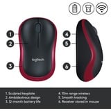 Logitech M185, Souris Rouge, 1000 dpi, Vente au détail