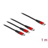 DeLOCK Câble de charge USB 3-en-1 USB-C vers Lightning + Micro-USB + USB-C Noir/Rouge, 1 mètre