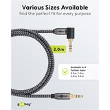 goobay Câble de connexion stéréo auxiliaire Plus Audio 3,5 mm 90° Noir/Argent, 2 mètres