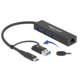 DeLOCK 3P USB 3.2 Gen1 Hub+LAN+USB-C/A, Station d'accueil Noir