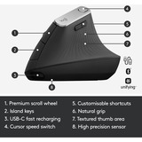 Logitech MX souris ergonomique vertical Noir/Argent, 400 - 4000 dpi, Unifying, Bluetooth, USB