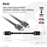 Club 3D HDMI 2.1 à très haut débit, Câble Noir, 4 mètres, 4K 120Hz, 8K 60Hz