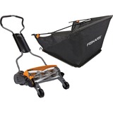 Fiskars Tondeuse à gazon StaySharp Max + collecteur d'herbe StaySharp, Tondeuse à cylindre Noir/Orange, 1000591 + 1000592
