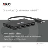 Club 3D DisplayPort MST 4x 4K30Hz, Répartiteurs de DisplayPort Noir