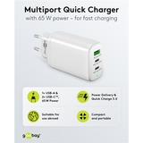goobay Chargeur rapide USB-C PD GaN Multiport (65 W) Blanc, 2x USB-C, 1x USB-A, Power Delivery, QuickCharge