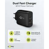 goobay 65W GaN USB-C PD Dual Fast Charger Noir, 1x USB-C, 1x USB-A