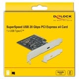 DeLOCK Carte PCI Express x4 vers 1 x externe SuperSpeed USB 20 Gbps (USB 3.2 Gen 2x2) USB Type-C™ femelle, Contrôleur USB PCIe, PCIe, USB 3.2 Gen 2 (3.1 Gen 2), Profil bas, PCIe 3.0, Acier inoxydable, PC