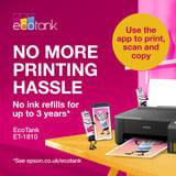 Epson Imprimante EcoTank ET-1810 A4 Wi-Fi avec réservoir d'encre, Imprimante jet d'encre Noir, Wi-Fi, y compris jusqu'à 3 ans d'encre