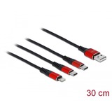 DeLOCK Câble de chargement USB 3-en-1 USB-A vers Lightning + 2x USB-C Noir/Rouge, 0.3 m