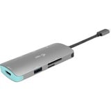 i-tec Station d'accueil USB-C métallique Nano Gris, Avec fil, USB 3.2 Gen 1 (3.1 Gen 1) Type-C, 100 W, Argent, Turquoise, MicroSD (TransFlash), SD, 3840 x 2160 pixels