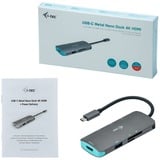 i-tec Station d'accueil USB-C métallique Nano Gris, Avec fil, USB 3.2 Gen 1 (3.1 Gen 1) Type-C, 100 W, Argent, Turquoise, MicroSD (TransFlash), SD, 3840 x 2160 pixels
