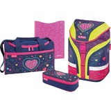 Herlitz Motion Plus Blue Hearts Ensemble de cartables Fille Bleu, Rose, Jaune Violâtre/Jaune, Plumier, Cartable, Sac de sport, Fille, Ecole primaire, Sac à dos, 18 L, Bleu, Rose, Jaune