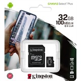 Kingston Canvas Select Plus microSD 32 Go, Carte mémoire Noir, SDCS2/32GB, Class 10 UHS-I A1, Incl. Adaptateur