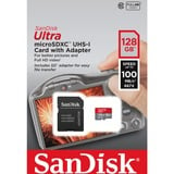 SanDisk Ultra mémoire flash 128 Go MicroSDXC Classe 10 UHS-I, Carte mémoire Gris/Rouge, 128 Go, MicroSDXC, Classe 10, UHS-I, 100 Mo/s, Résistant aux chocs, Anti-éclaboussures, Résistant à une température, Résistant à l’eau