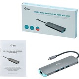 i-tec Metal USB-C Nano Docking Station 4K HDMI LAN + Power Delivery 100 W, Station d'accueil Gris, Avec fil, USB 3.2 Gen 1 (3.1 Gen 1) Type-C, 100 W, 10,100,1000 Mbit/s, Argent, Turquoise, MicroSD (TransFlash), SD