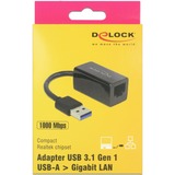 DeLOCK SuperSpeed USB-A (USB 3.1 Gen 1) mâle > Gigabit LAN 10/100/1000 Mbps compact, Adaptateur Noir, 12,7 centimètres
