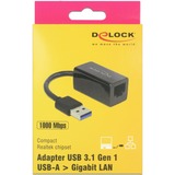 DeLOCK SuperSpeed USB-A (USB 3.1 Gen 1) male > Gigabit LAN 10/100/1000 Mbps compact, Adaptateur Noir, 0,127 mètres