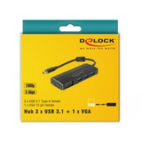 DeLOCK USB-C 3.1 > 3x USB-A 3.0 Hub + 1x VGA, Hub USB Noir, 0,15 mètres