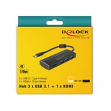 DeLOCK USB-C 3.1 > 3x USB-A 3.0 Hub + HDMI, Hub USB Noir, 0,15 mètres, 4K