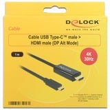 DeLOCK USB-C (mâle) > HDMI (mâle) (DP Alt Mode), Câble Noir, 1 mètre, 4K 30 Hz