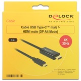 DeLOCK USB-C (mâle) > HDMI (mâle) (DP Alt Mode), Câble Noir, 3 mètres, 4K 30 Hz