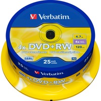 Verbatim DVD+RW 4,7 Go, Support vierge DVD DVD+RW, 120 mm, Fuseau, 25 pièce(s), 4,7 Go