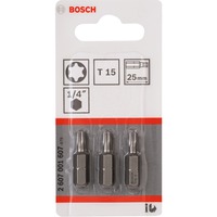 Bosch Embouts de vissage qualité extra-dure, Bit 3 pièce(s), Torx, T15, 25 mm, 25,4 / 4 mm (1 / 4"), Hexagonal