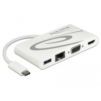 DeLOCK USB-C 3.1 > HDMI + VGA + LAN + USB, Adaptateur Blanc, 0,14 mètres, 4K 30 Hz